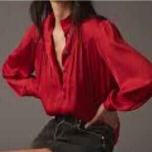 BY ANTHROPOLOGIE Relaxed Shimmer Popover Blouse Top Burgundy S Office Siren